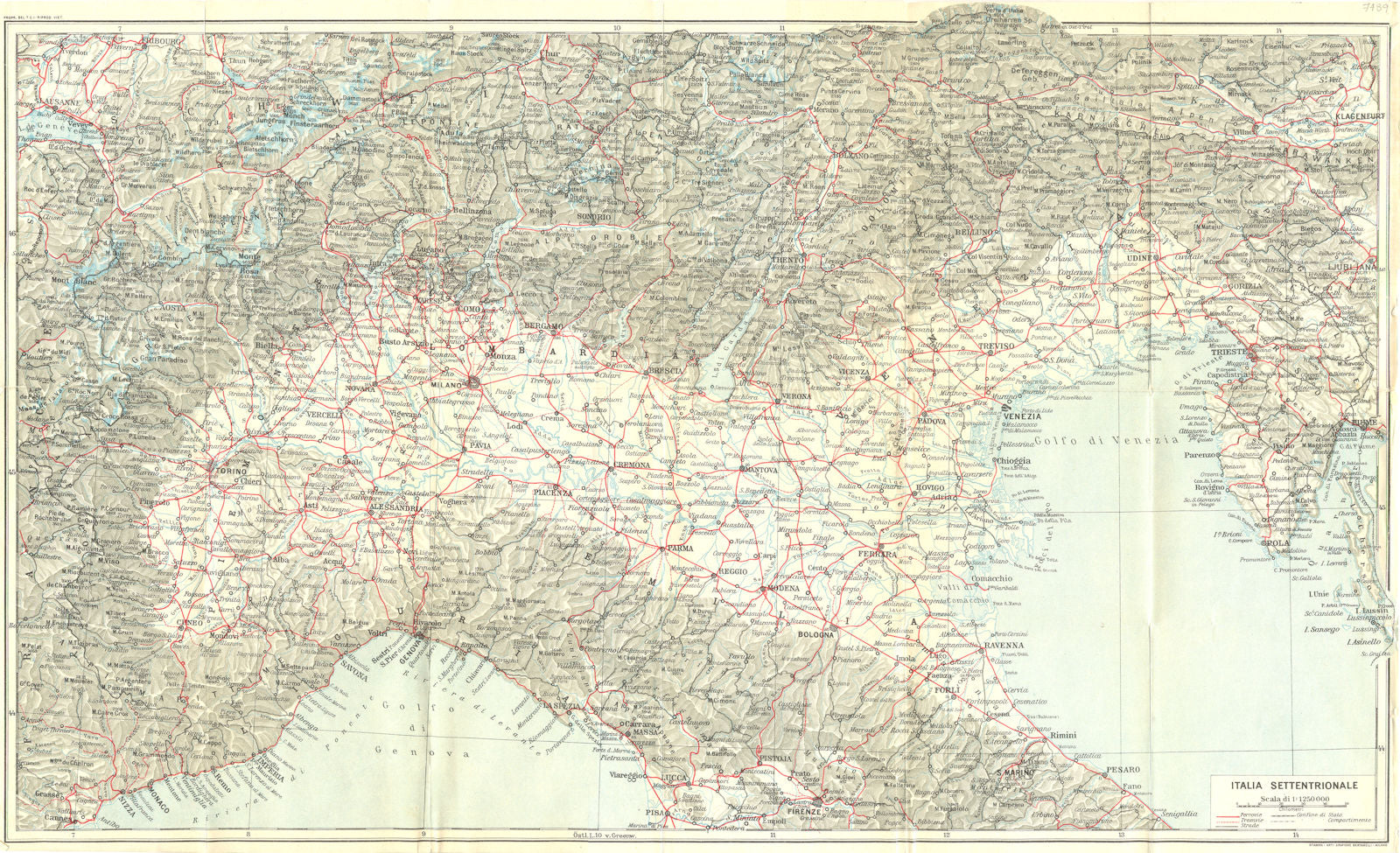 ITALIA SETTENTRIONALE. Vintage map plan. Northern Italy. Railways 1927 old